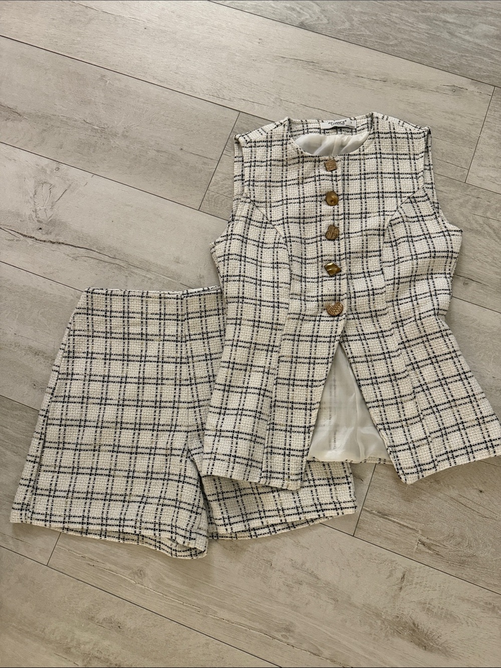 Cream Plaid Tweed Shorts with Matching Vest